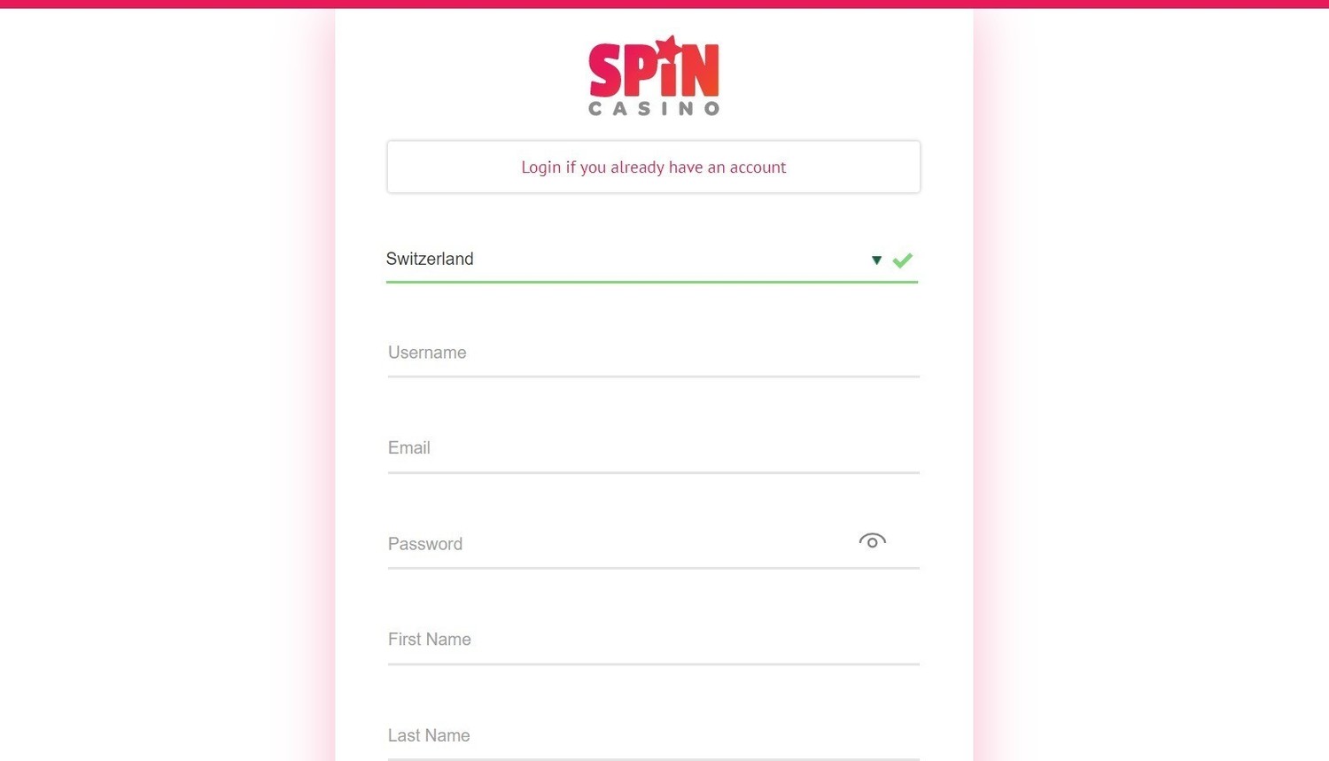 Registrazione al casinò Spin